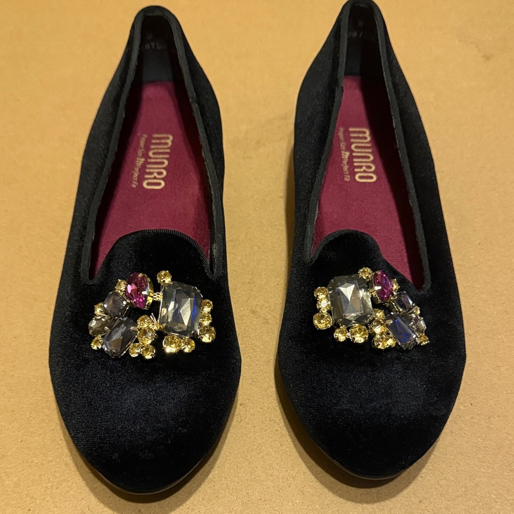New Munro Black Velvet Loafers with Jewel Embellishments
